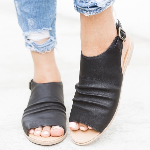 Shoes - Black Buckle Ruched Slide Sandals
